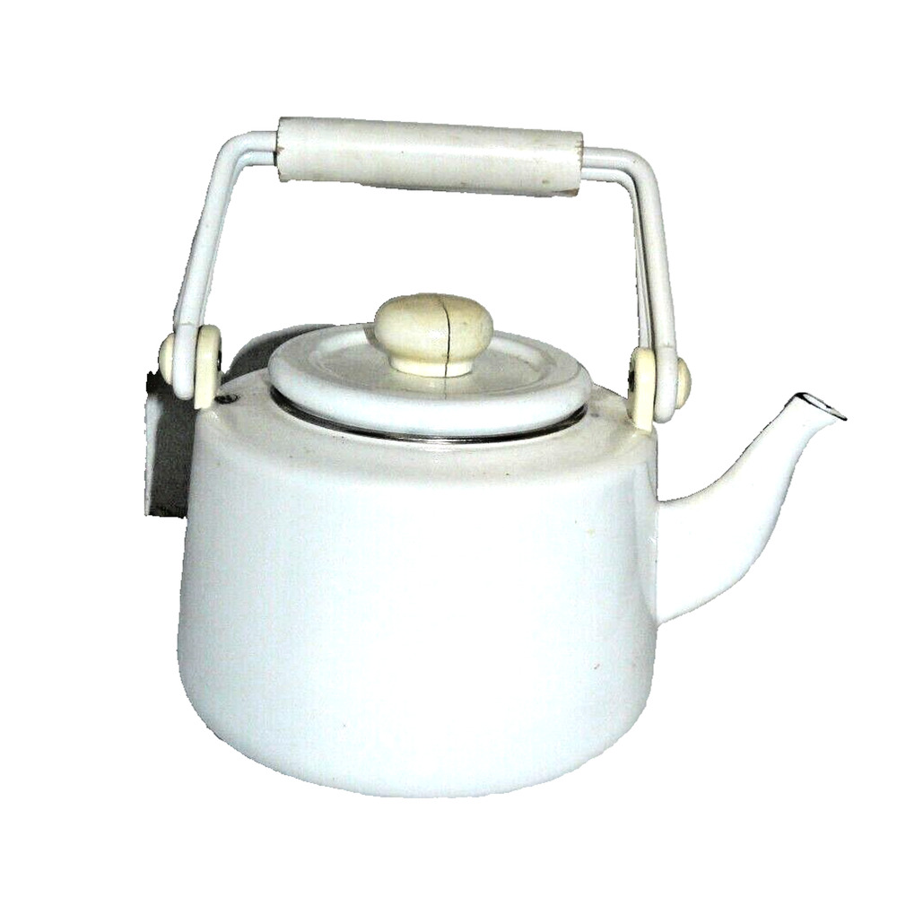 Vintage Signed Martin Leman White Enamel Teapot Tea Kettle Kitty Cat & Ball - Picture 9 of 9
